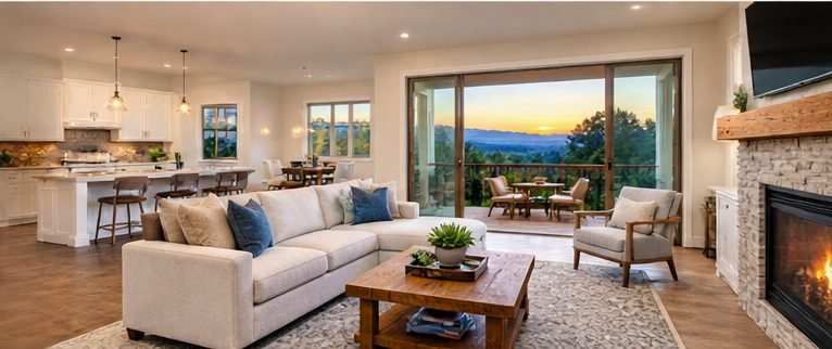 Open living room and kitchen with a sunset view