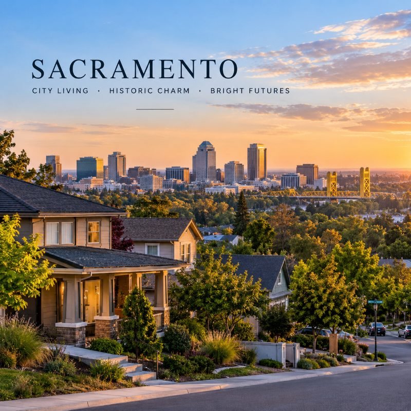 Sacramento skyline behind a neighborhood home