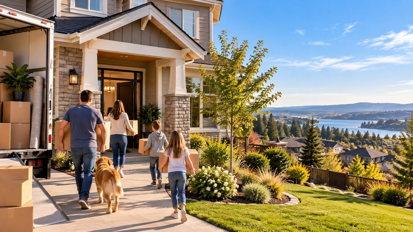 Family arriving at a new home in the Sacramento foothills with a lake view